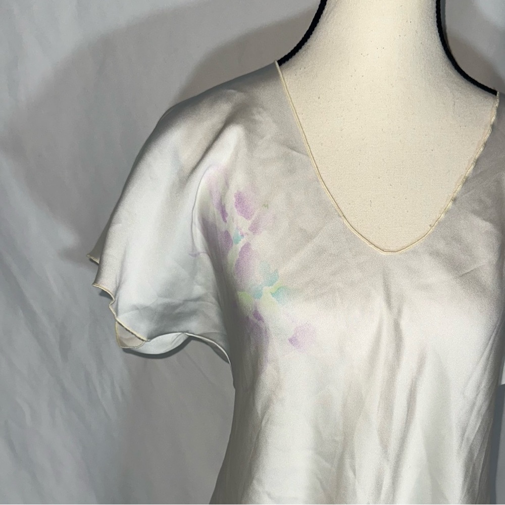 Miss Elaine • Vintage Silky Satin Nightgown High-Low Side Slits Flowers Petite - Picture 2 of 9